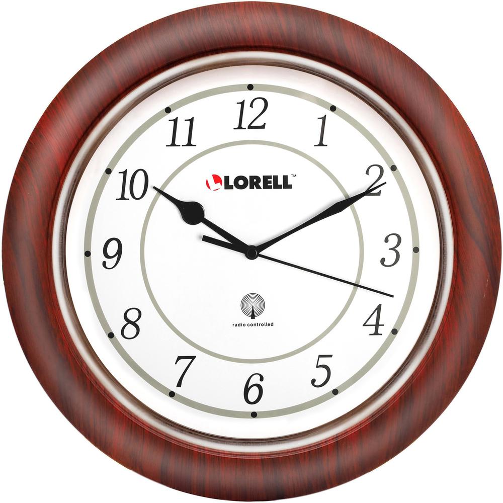 Lorell 13-1/4" Wood Wall Clock - Analog - Quartz - White Dial - Mahogany Case