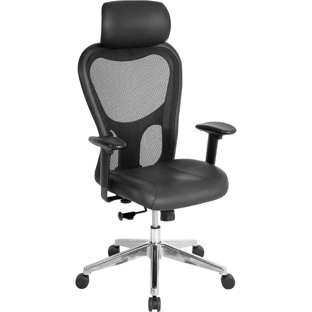 Image of Lorell High Back Executive Chair - Black Leather Seat - Aluminum Frame - 5-Star Base - 1 Each