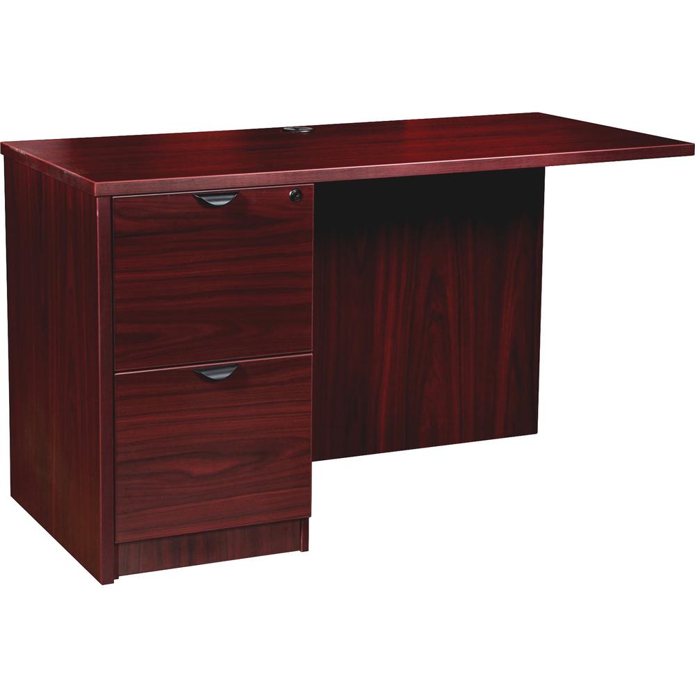This is the image of Lorell Prominence 2.0 Mahogany Laminate Left Return - 2-Drawer - 42" x 24" x 29" - 1" Top - 2 x File Drawer(s) - Band Edge - Material: Particleboard - Finish: Mahogany Laminate, Thermofused Melamine (TFM)
