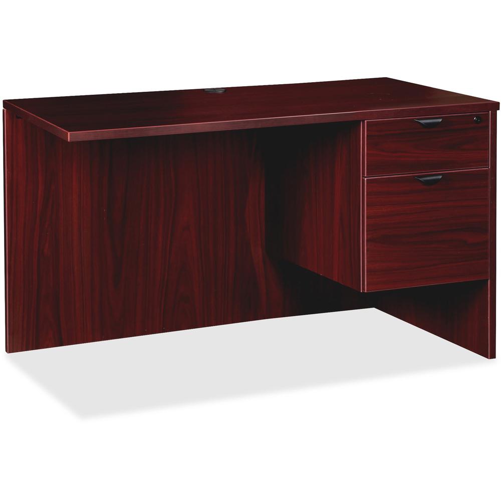 This is the image of Lorell Prominence 2.0 Mahogany Laminate Box/File Right Return - 2-Drawer - 42" x 24" x 29" - 1" Top - 2 x File, Box Drawer(s) - Single Pedestal on Right Side - Band Edge - Material: Particleboard - Finish: Mahogany