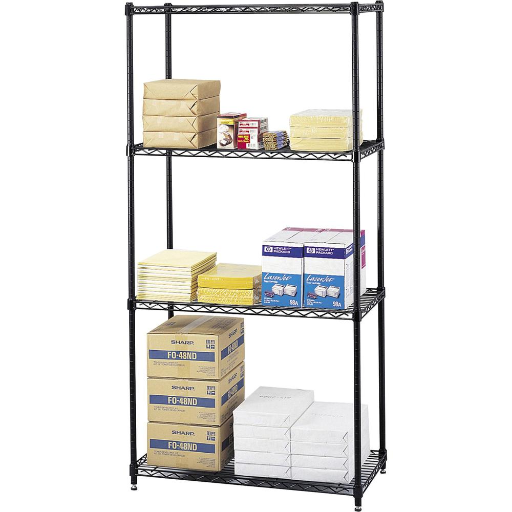 Safco Wire Shelving - 18" x 72" x 36" - 4 Shelves - 2000 lb Load Capacity - Leveling Glide - Black - Powder Coated - Steel - Assembly Required