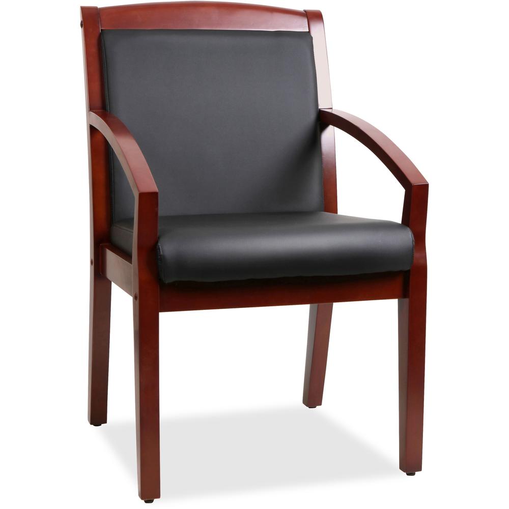 Lorell Wood Guest Chair - Black Bonded Leather Seat & Back - Cherry Wood Frame - Four-legged Base