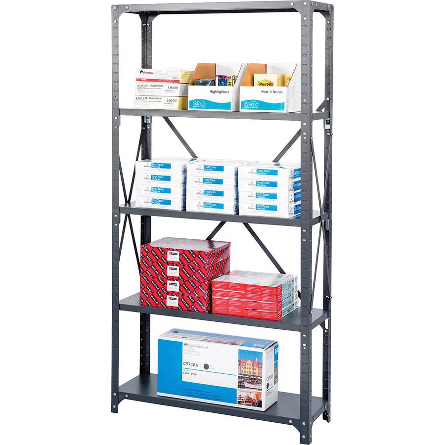 Safco Shelf Kit - 36" x 24" x 75" - 5 Shelves - 3500 lb Load Capacity - Dark Gray - Powder Coated Steel - Assembly Required