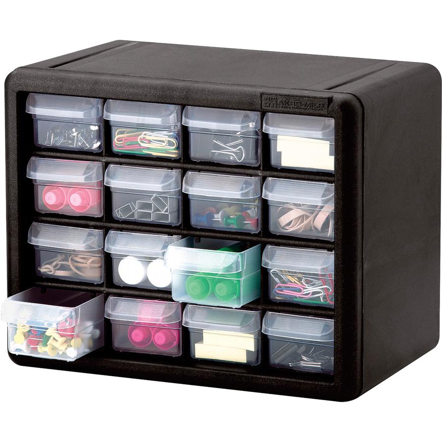 Akro-Mils 16-Drawer Plastic Storage Cabinet - Stackable, Unbreakable - Black - 1 Each