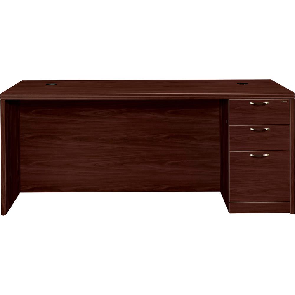 HON Valido Right Pedestal Desk, 72"W, 3-Drawer, 72" x 36" x 1.5", 29.5", 3 x File Drawer(s), Single Pedestal on Right Side, Ribbon Edge, Material: Particleboard, Finish: Laminate, Mahogany