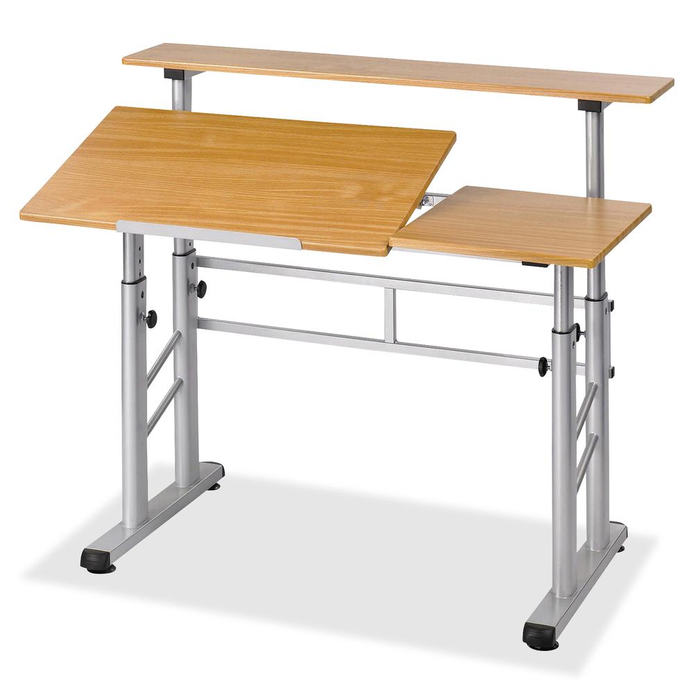 Safco Drafting Table - Height-Adjustable - Split Level - Rectangle Top - Assembly Required - Medium Oak - Steel and Wood