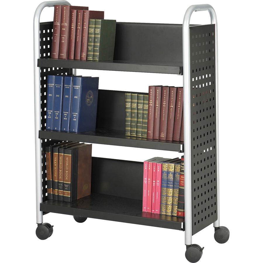 Safco Scoot Book Cart - 3 Shelf - 4 Casters - Steel - 33" Width x 14.3" Depth x 44.3" Height - Black, Silver