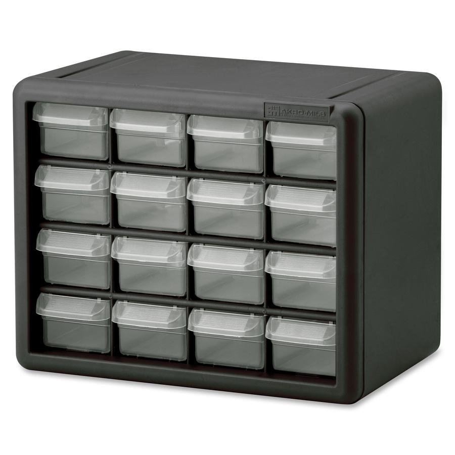 Akro-Mils 16-Drawer Plastic Storage Cabinet - Stackable, Unbreakable - Black - 1 Each