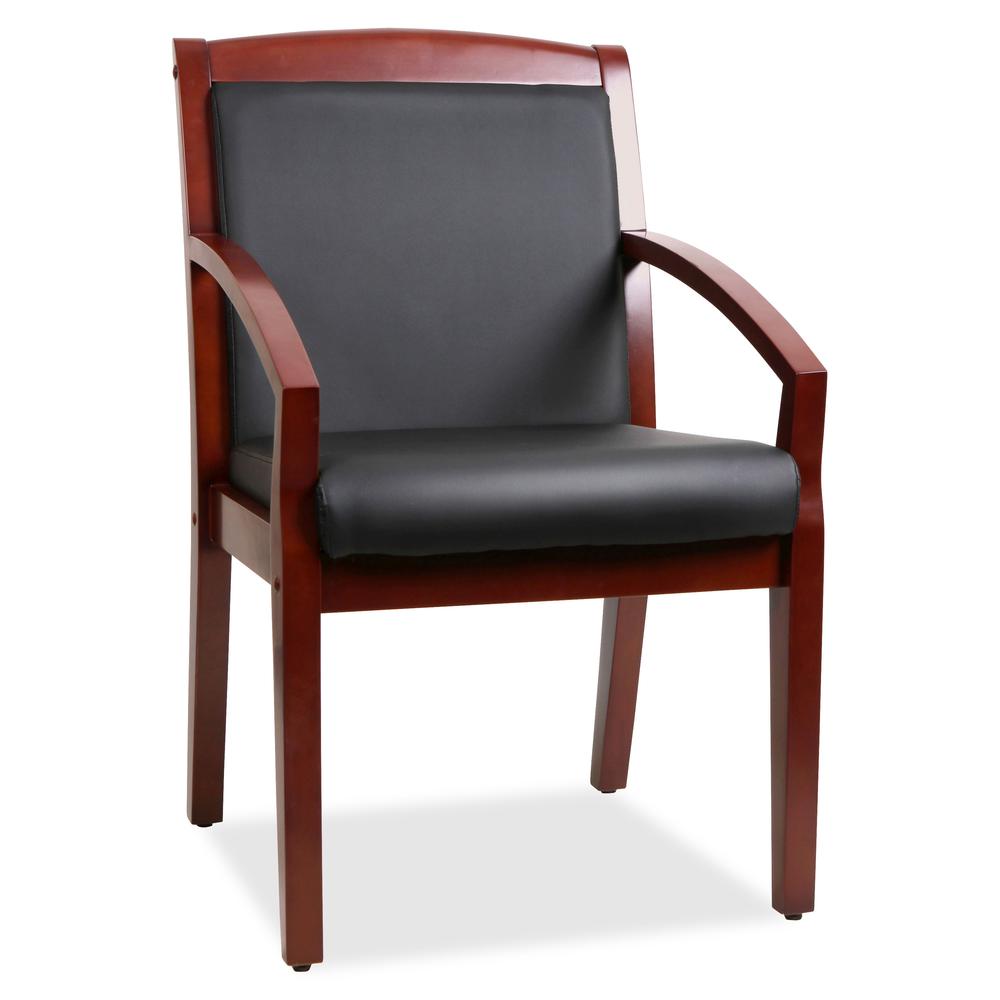 Lorell Wood Guest Chair - Black Bonded Leather Seat & Back - Cherry Wood Frame - Four-legged Base