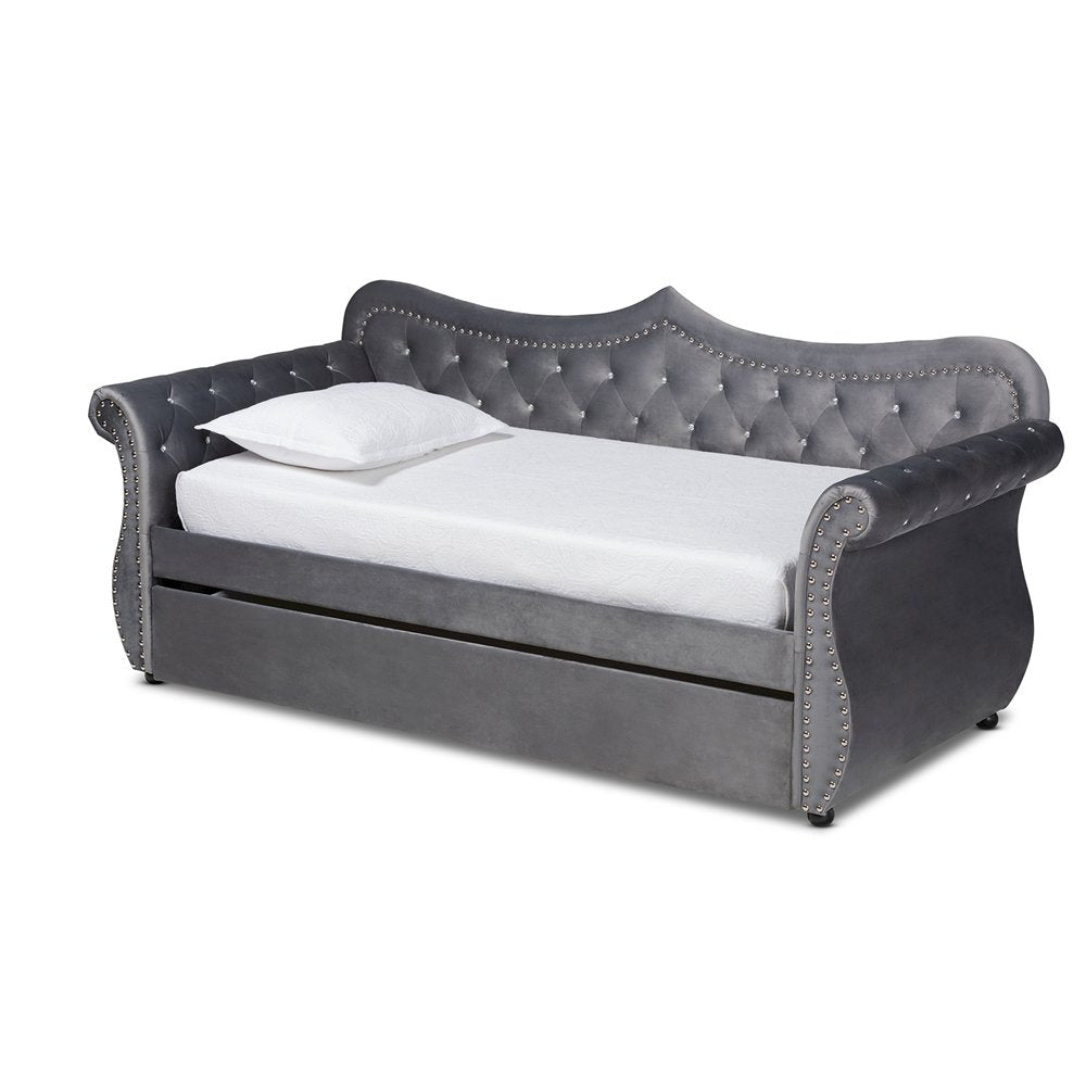 Image of Baxton Studio Abbie Traditional And Transitional Grey Velvet Fabric Upholstered And Crystal Tufted Twin Size Daybed With Trundle