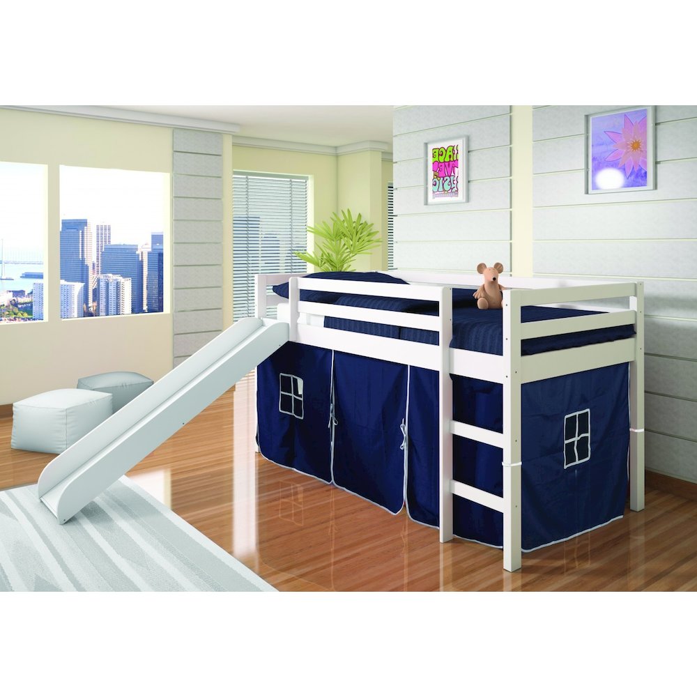 This is the image of Twin Panel Low Loft Bed with Slide in Two-Tone Grey/White Finish and Blue Tent Kit