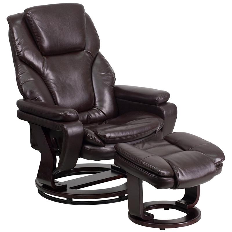 Brown LeatherSoft Recliner and Ottoman with Swivel Mahogany Wood Base