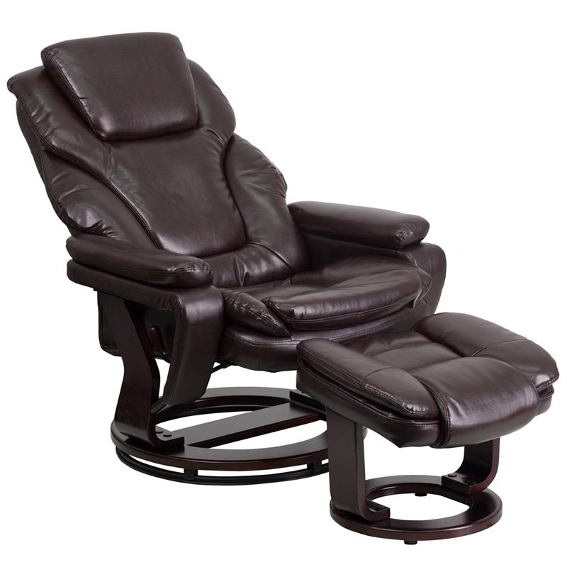Brown LeatherSoft Recliner and Ottoman with Swivel Mahogany Wood Base