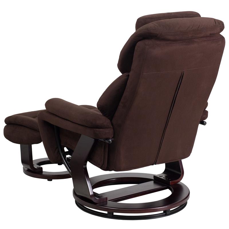 Brown Microfiber Recliner and Ottoman Set with Swivel Mahogany Wood Base