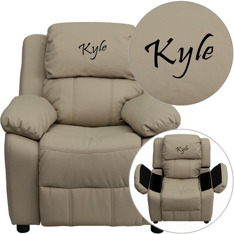 This is the image of Personalized Deluxe Padded Beige Vinyl Kids Recliner with Storage Arms