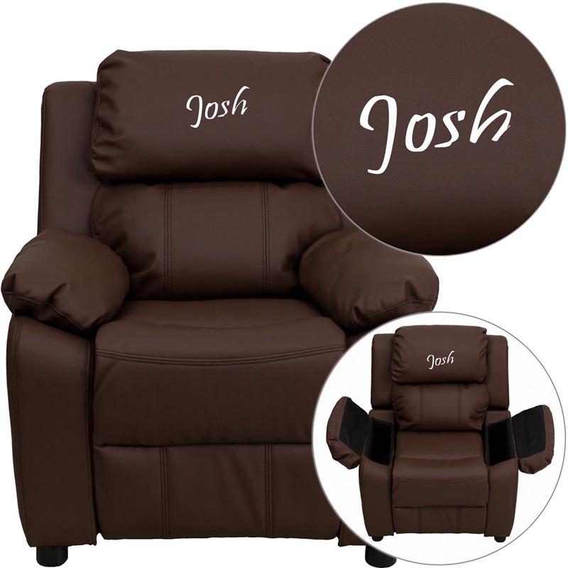 This is the image of Deluxe Padded Brown LeatherSoft Kids Recliner with Storage Arms