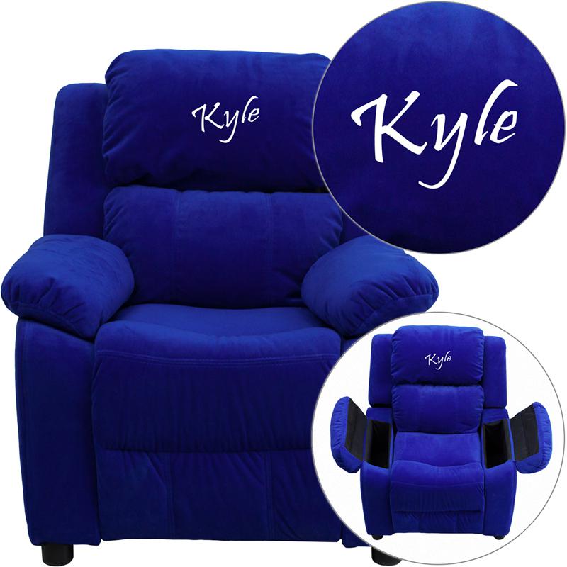 This is the image of Personalized Deluxe Blue Microfiber Kids Recliner with Storage Arms