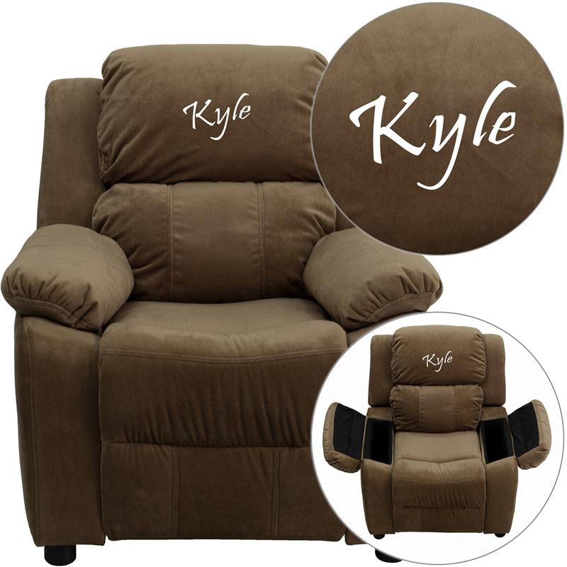 This is the image of Personalized Deluxe Padded Brown Microfiber Kids Recliner with Storage Arms