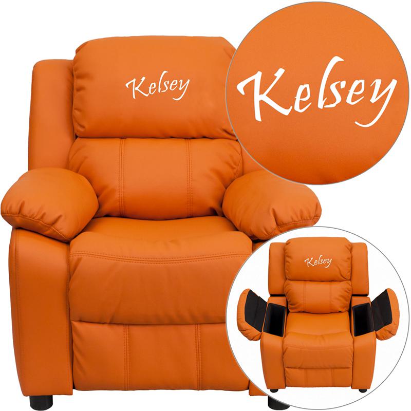 This is the image of Personalized Deluxe Padded Orange Vinyl Kids Recliner with Storage Arms