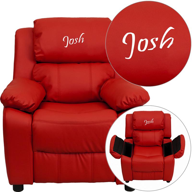 This is the image of Deluxe Padded Red Vinyl Kids Recliner with Storage Arms