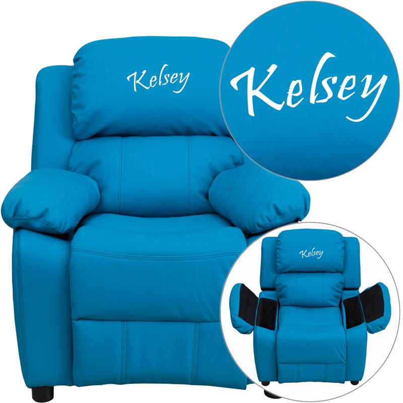 This is the image of Deluxe Padded Turquoise Vinyl Kids Recliner with Storage Arms