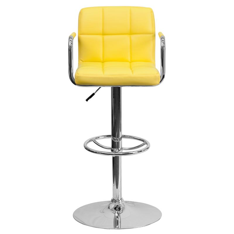 Yellow Quilted Vinyl Barstool with Arms and Chrome Base