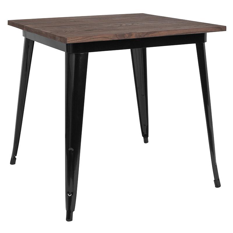 Image of 31.5" Square Black Metal Indoor Table With Walnut Rustic Wood Top