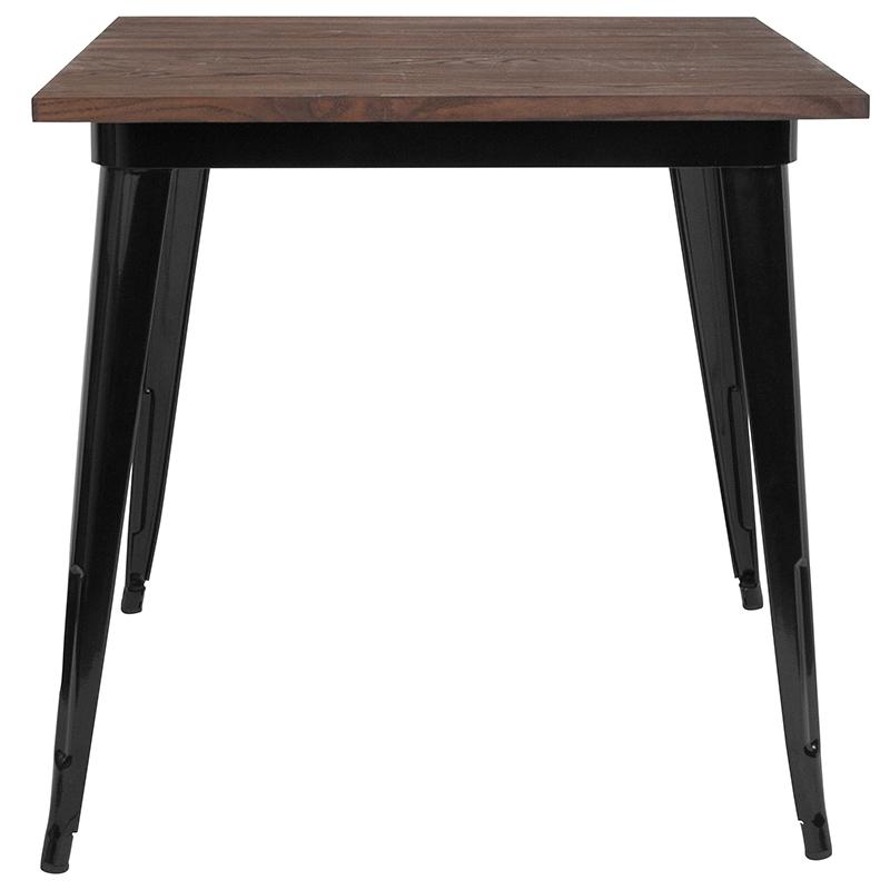 31.5" Square Black Metal Indoor Table With Walnut Rustic Wood Top