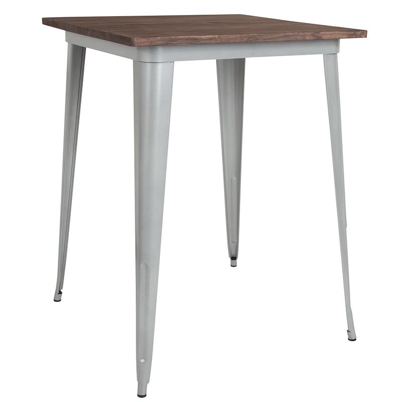 Image of 31.5" Square Silver Metal Indoor Bar Height Table With Walnut Rustic Wood Top