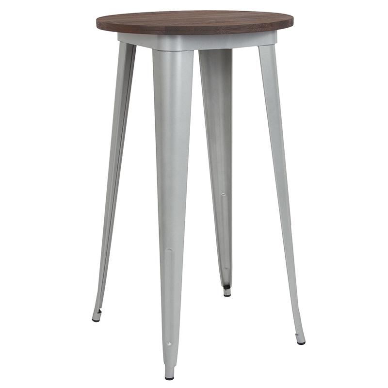 Image of 24" Round Silver Metal Indoor Bar Height Table With Walnut Rustic Wood Top