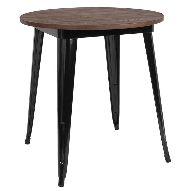 Image of 26" Round Black Metal Indoor Table With Walnut Rustic Wood Top
