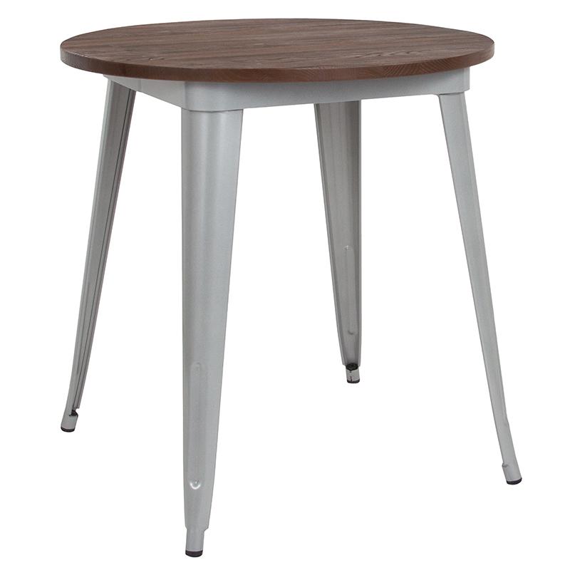 Image of 26" Round Silver Metal Indoor Table With Walnut Rustic Wood Top