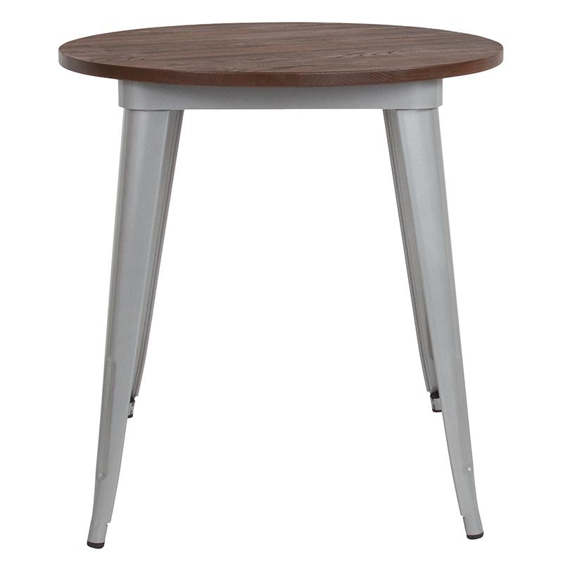 26" Round Silver Metal Indoor Table With Walnut Rustic Wood Top