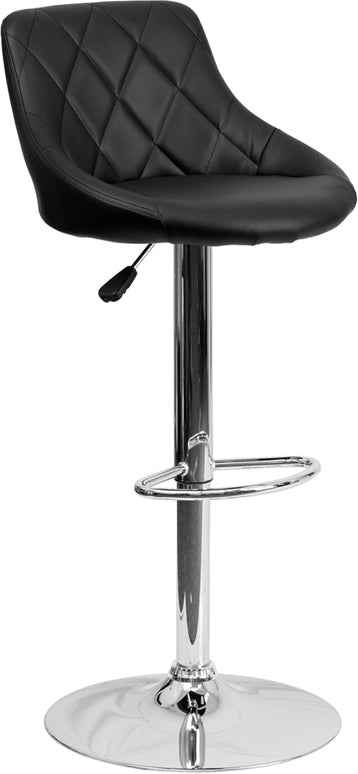 Black Vinyl Bucket Seat Barstool with Adjustable Height, Diamond Pattern Back, and Chrome Base