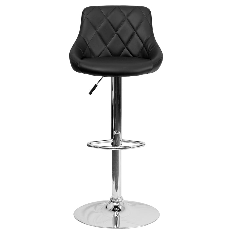Black Vinyl Bucket Seat Barstool with Adjustable Height, Diamond Pattern Back, and Chrome Base