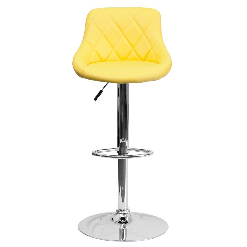 Yellow Vinyl Bucket Seat Barstool with Adjustable Height, Diamond Pattern Back, and Chrome Base