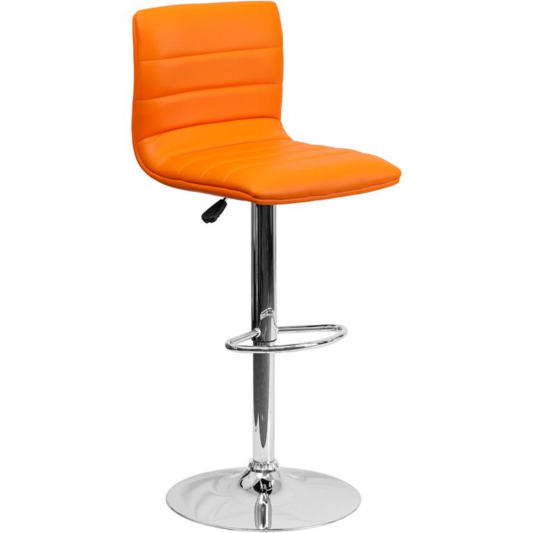 Orange Vinyl Adjustable Bar Stool with Back, Swivel Counter Height, Chrome Pedestal Base