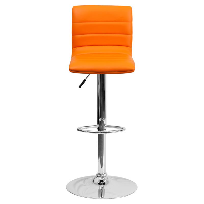 Orange Vinyl Adjustable Bar Stool with Back, Swivel Counter Height, Chrome Pedestal Base