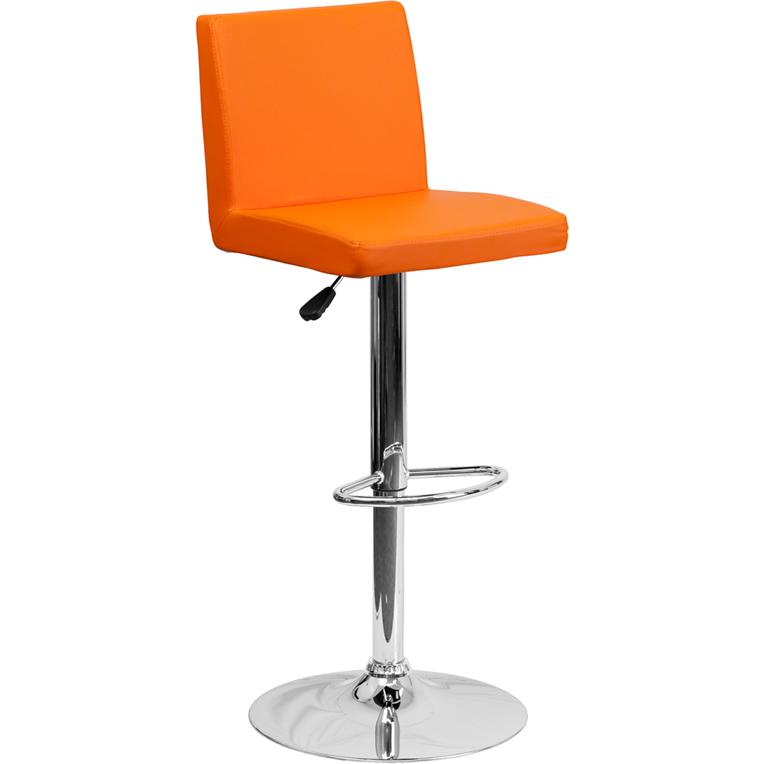 Orange Vinyl Adjustable Height Barstool with Panel Back and Chrome Base