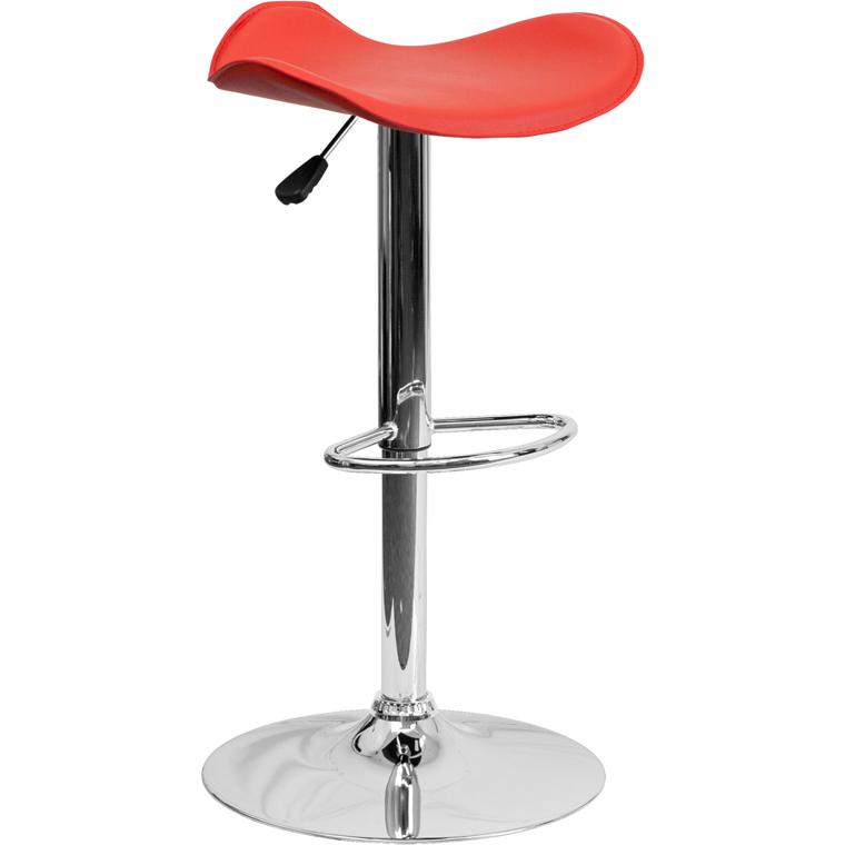 Red Vinyl Adjustable Height Barstool with Wavy Seat and Chrome Base