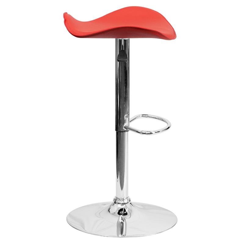Red Vinyl Adjustable Height Barstool with Wavy Seat and Chrome Base