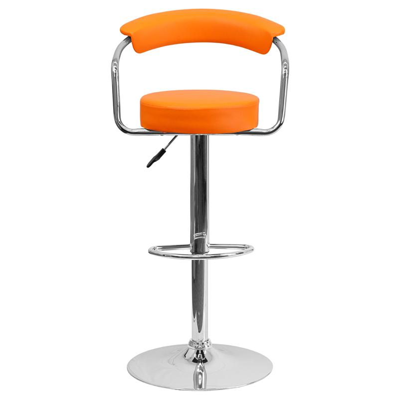 Orange Vinyl Adjustable Height Barstool with Arms and Chrome Base
