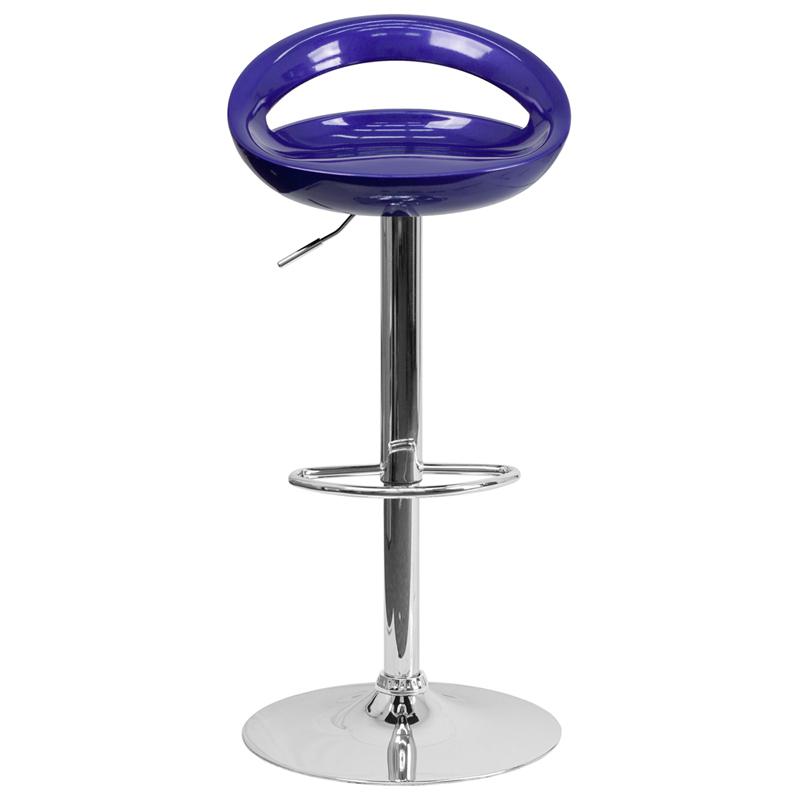 Blue Plastic Adjustable Height Barstool with Cutout Back and Chrome Base