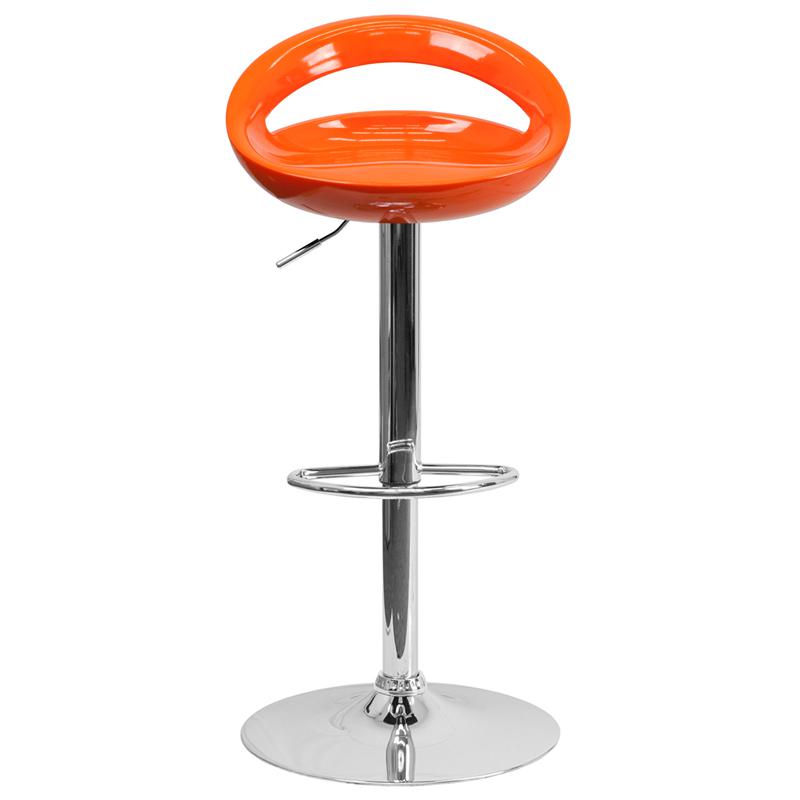 Orange Plastic Adjustable Height Barstool with Cutout Back and Chrome Base