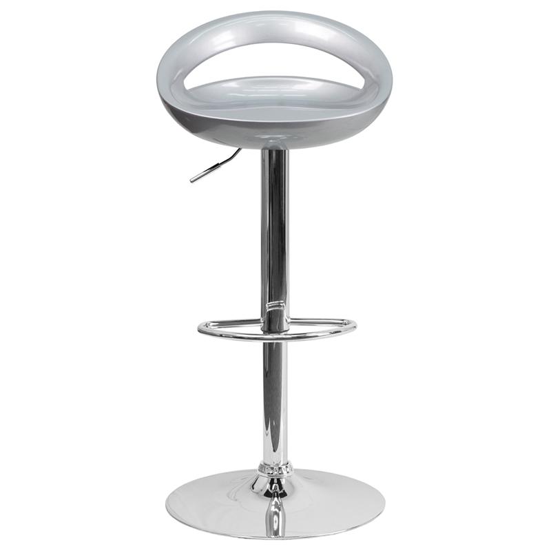 Silver Plastic Adjustable Height Barstool with Rounded Cutout Back and Chrome Base