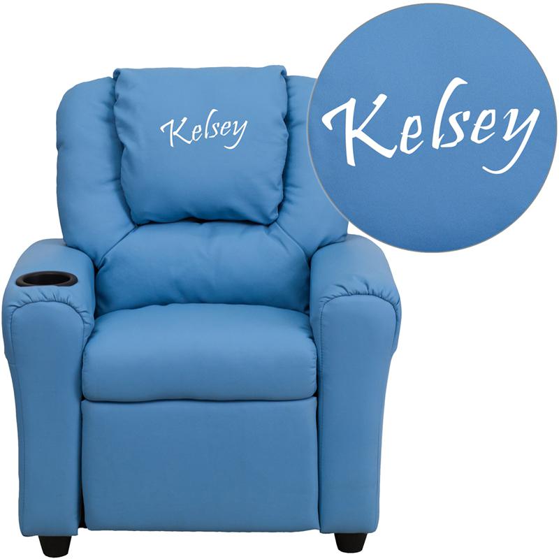 This is the image of Light Blue Vinyl Kids Recliner with Cup Holder and Headrest - Personalized