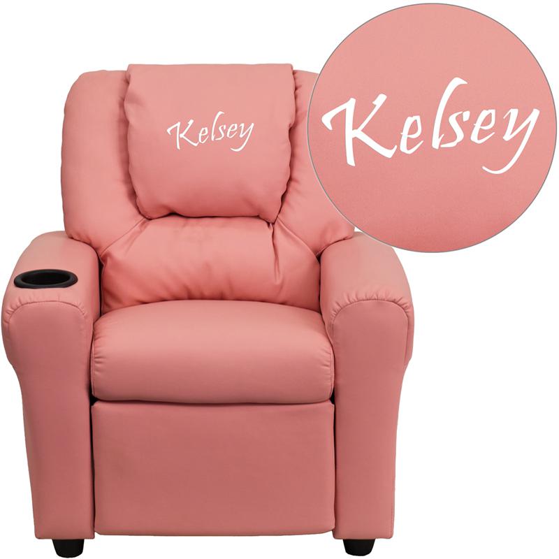 This is the image of Pink Vinyl Kids Recliner with Cup Holder and Headrest - Personalized