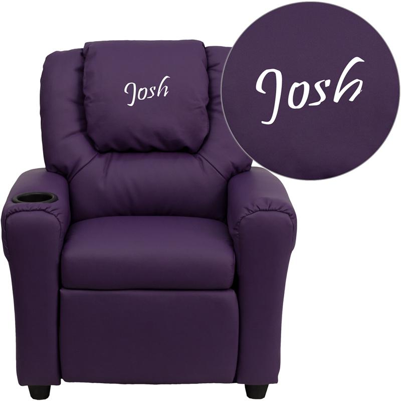 This is the image of Personalized Purple Vinyl Kids Recliner with Cup Holder & Headrest