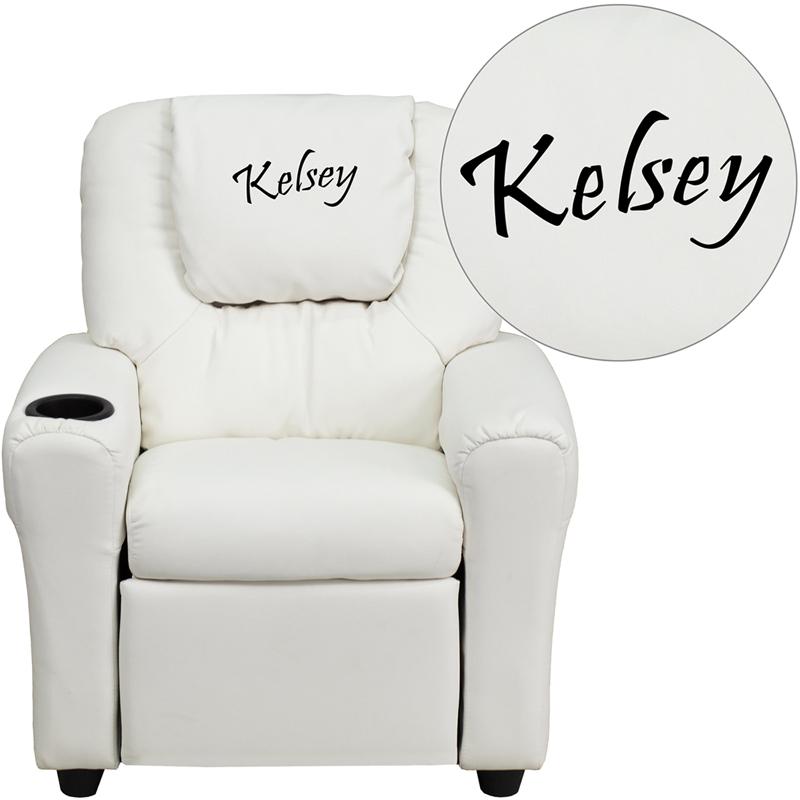 This is the image of White Vinyl Kids Recliner with Cup Holder and Headrest - Personalized