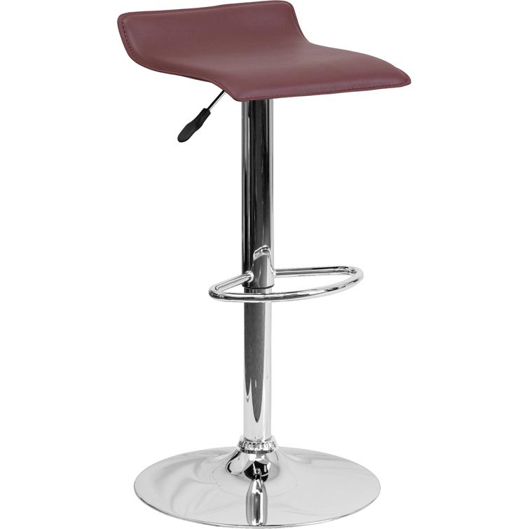 Burgundy Vinyl Barstool with Adjustable Height, Solid Wave Seat, and Chrome Base